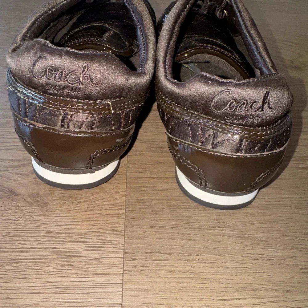 Coach Kellee Brown Quilted Satin And Patent Leather Trim Sneakers Women’s Sz 6.5